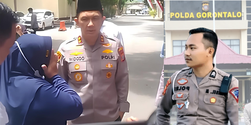 Kolase Foto : Kapolda Gorontalo bersama ibu dari seorang mahasiswa korban dugaan pemerasan dan persetubuhan yang menyeret oknum polisi bernama “AM”. (F. hibata.id) 