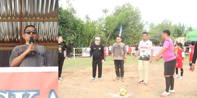 Ketua ASKAB-PSSI Bone Bolango Zainudin Pedro Bau saat memberikan sambutan sekaligus membuka Turnamen Sepak Bola Katar Jangkar Muda Cup 1 U – 12, Ayula Utara.