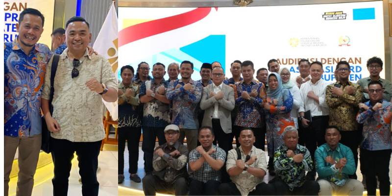 Ketua ADKASI Siswanto (kiri) foto bersama Zainudin Pedro Bau (kanan) dan Foto bersama usai Audiensi Dewan Pengurus Nasional ADKASI di Kantor Kementerian P2MI, Jakarta, Rabu (7/1).
