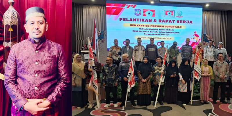 Andi Ilham, SE (kiri) dan Foto bersama usai Pelantikan BPD KKSS Kab/Kota Se-Provinsi Gorontalo oleh Ketua Umum DPW KKSS Provinsi Gorontalo, H. Jaenal Mappe.