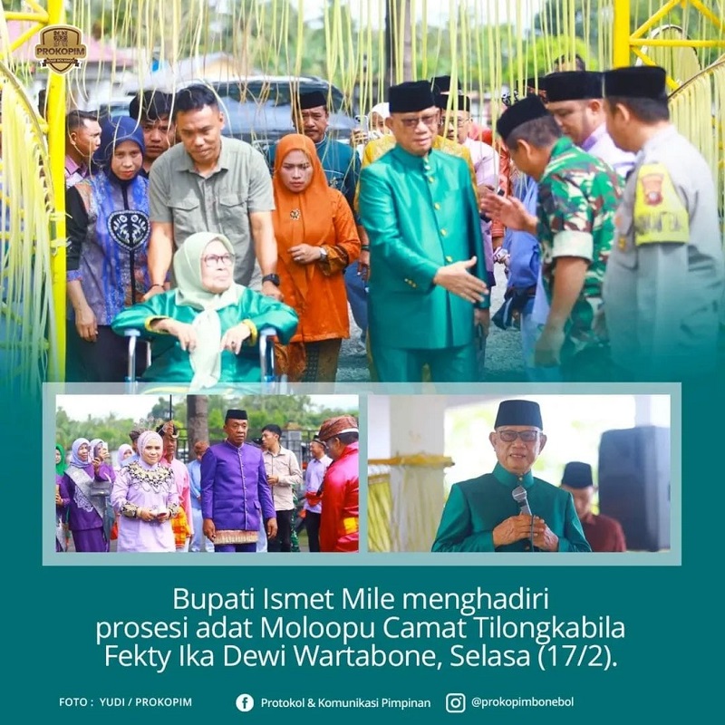 Lensa Prosesi Adat Moloopu, Camat Baru Kecamatan Tilongkabila Fekty Ika Dewi Wartabone, yang dihadiri Bupati Drs. H. Ismet Mile, MM, Selasa (17/2/2026). Foto. Yudi/Prokopim